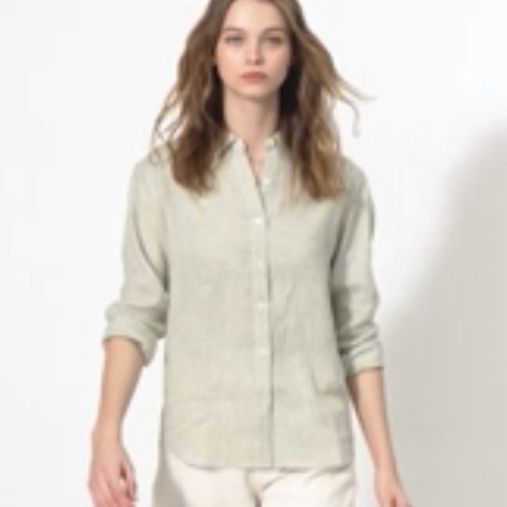 Uniqlo Linen Gingham Shirt Women’s Size Small Picnic Cottagecore Spring Green - Picture 2 of 12